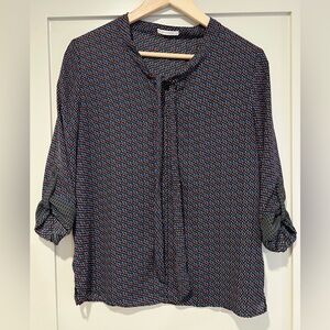 Blue Gray Tie Front Blouse with Mandarin Collar